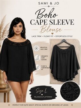 Sami & Jo Black Boho Lace Cape Sleeve Blouse Women’s Large Flowy Top